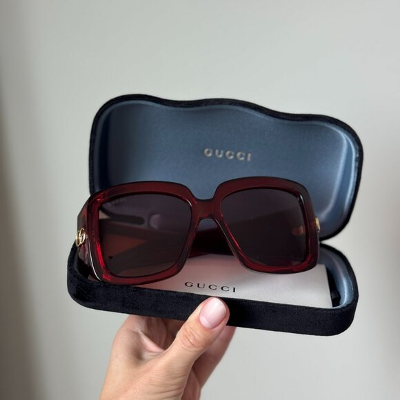 Gucci Women Sunglasses Transparent Burgundy Square GG1402S 003 NEW AUTHENTIC - Picture 4 of 14